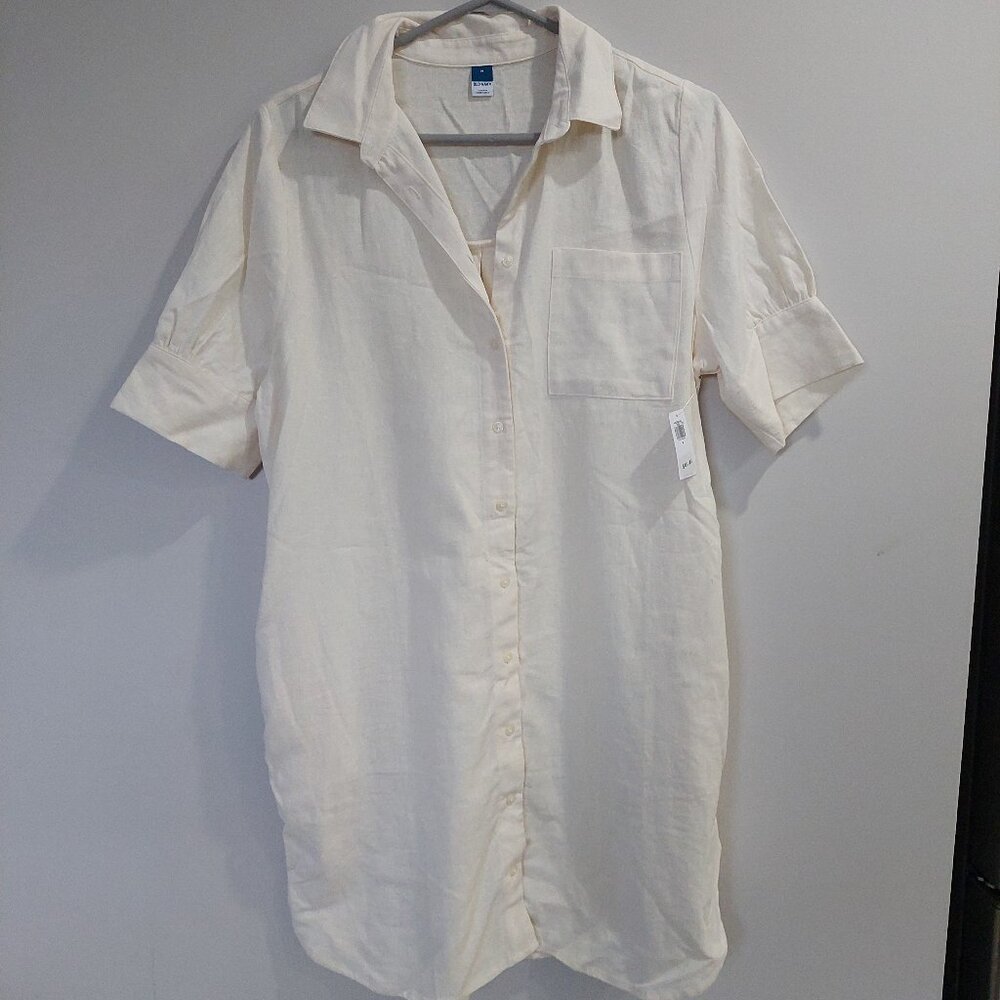Old Navy Cream White Linen-blend Shirt Dress 2 Deep Pockets Size M